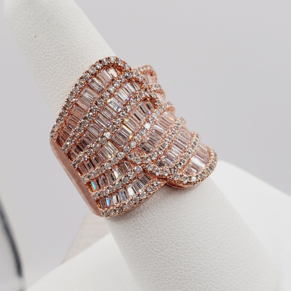 Round & Baguette White Diamond Simulants Rose Gold - 925 Sterling Silver Ring - Picture 2 of 6